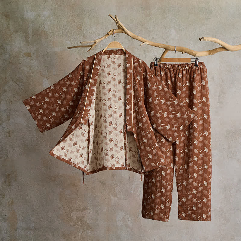 Ownkoti Ginkgo Organic Cotton Kimono Loungewear Set - Brown - XL - image 11