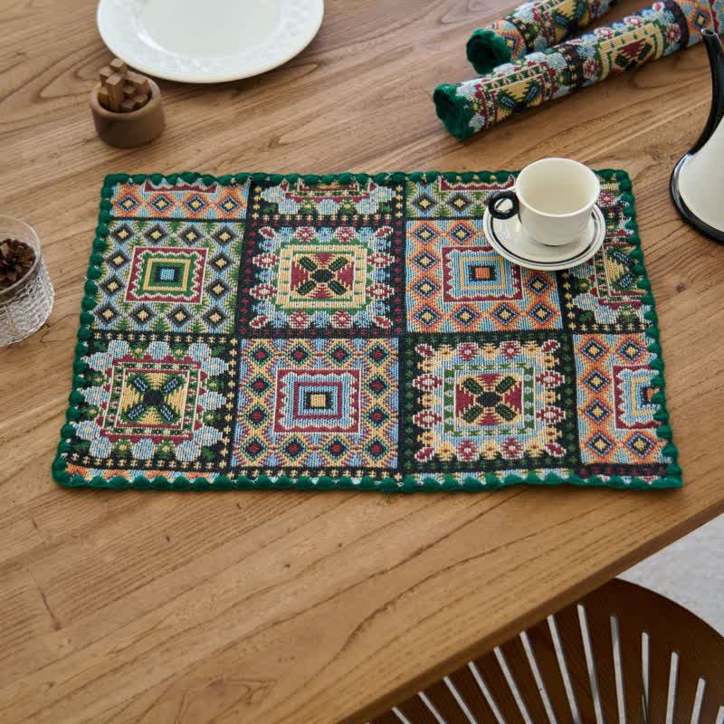 Ownkoti Vintage Geometric Pattern Jacquard Fabric Placemat - Black - 3PCS - 12" x 18" - image 2