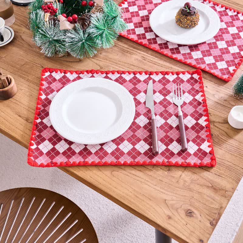 Ownkoti Diamond Check Jacquard Fabric Placemat(4PCS) - Red - 4PCS - 12" x 18" - image 10