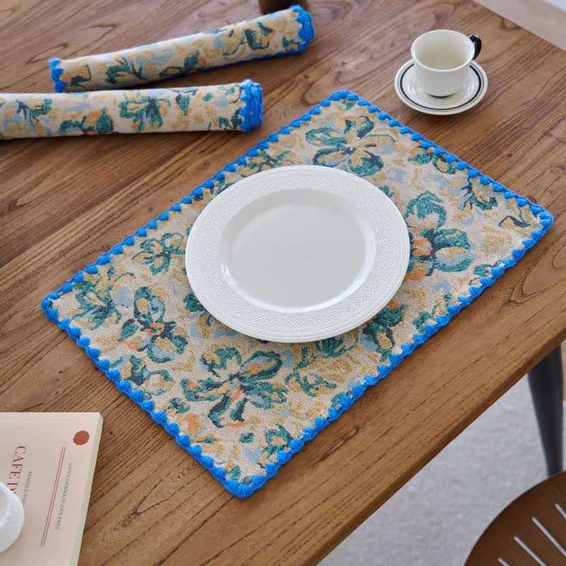 Ownkoti Rustic Blue Floral Jacquard Fabric Placemat - 3PCS - 12" x 18" - image 0