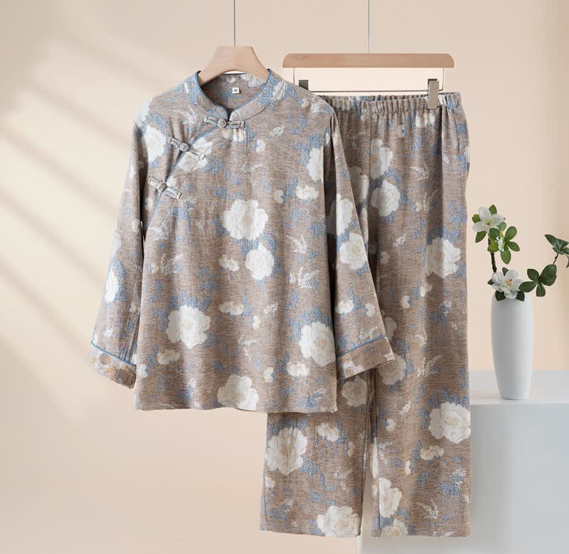 Ownkoti Vintage Floral Mandarin Collar Cotton Pajama Set - Gray - XL - image 11