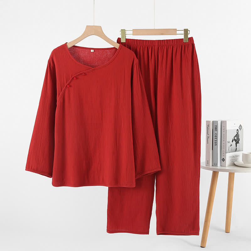 Ownkoti Minimalist Red Couple Cotton Pajama Set - Asymmetrical Neck - Red - Women:XL - image 6