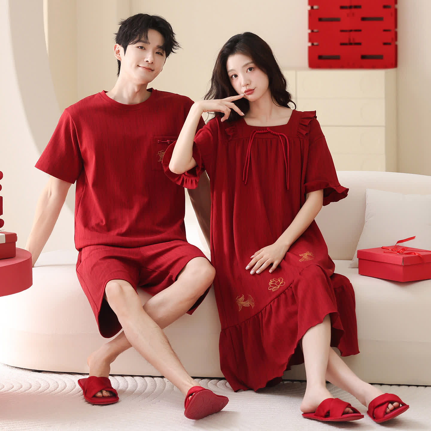 Ownkoti Red Couple Pure Cotton Pajama Set - Red - Women - XXL - image 0