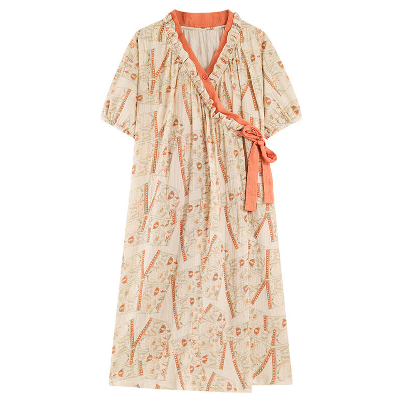 Ownkoti Vintage Pattern Ruffled Collar Side-Tie Nightgown - image 9