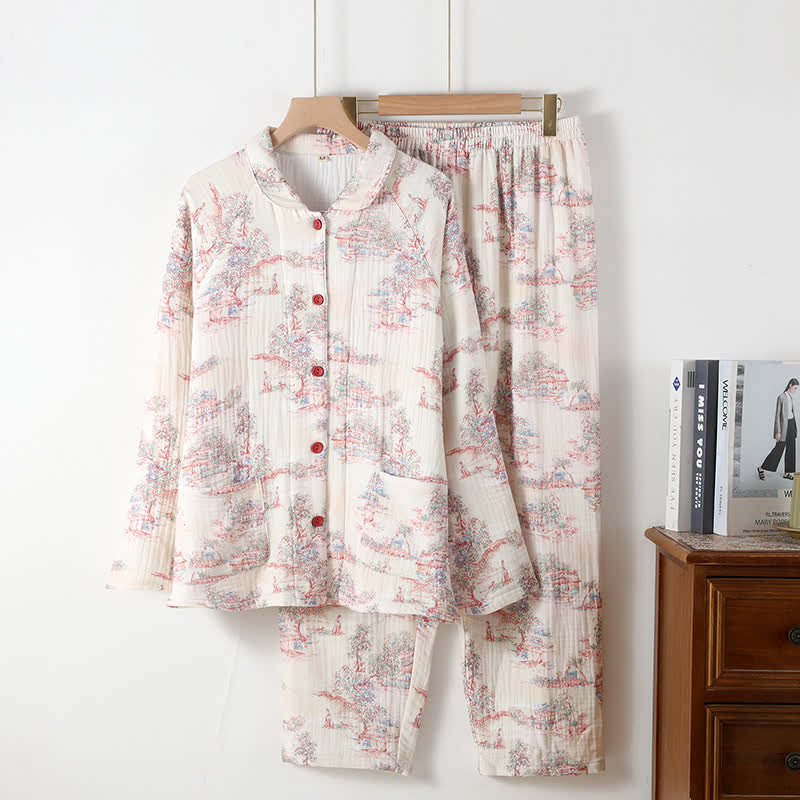 Ownkoti Oriental Artistic Tree Cotton Gauze Loungewear - Beige - Peter Pan Collar - XL - image 7