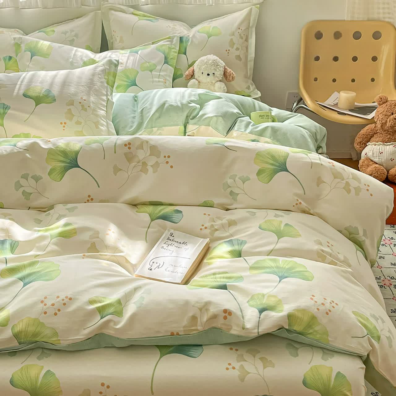 Ownkoti Fresh Green Ginkgo Leaf Cotton Bedding Set(4PCS) - image 2