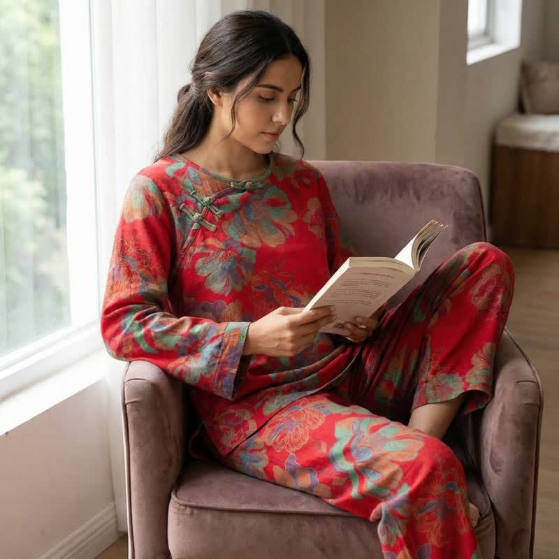 Ownkoti Red Oriental Floral Cotton Loungewear Set - image 2