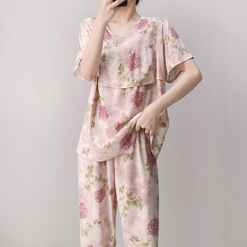 Ownkoti Round Neck Pink Chrysanthemum Pajama Set - image 4