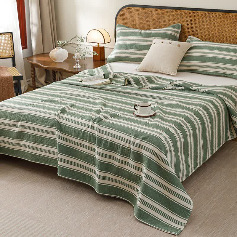 Ownkoti Minimalist Striped Cotton Gauze Quilt Blanket - Green - Quilt with 2PCS Pillow Towels - King - image 8
