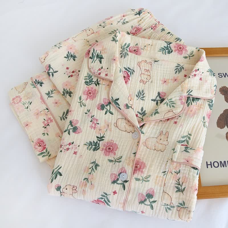Ownkoti Pink Floral & Bunny Cotton Gauze Pajamas - image 1