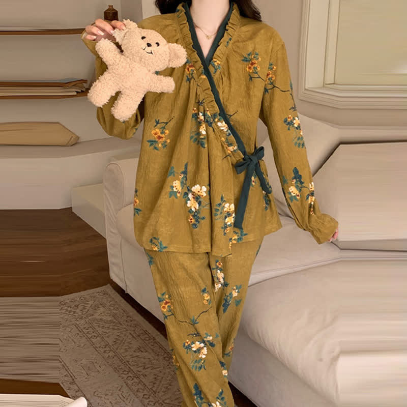 Ownkoti Ruffled Neck Green Floral Pajama Set - image 5