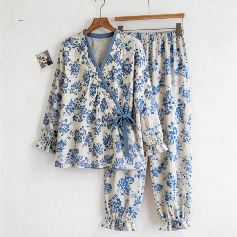 Ownkoti Ruffled Neck Blue Floral Pajama Set - image 4