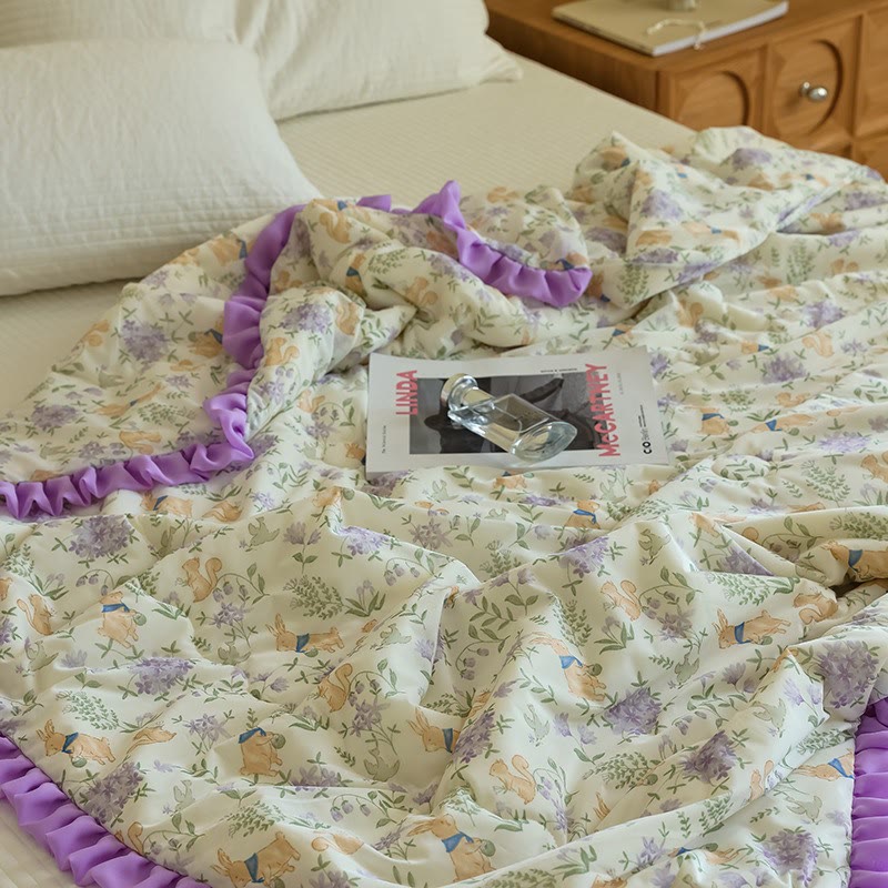 Ownkoti Purple Floral & Bunny Ruffled Summer Quilt - image 2