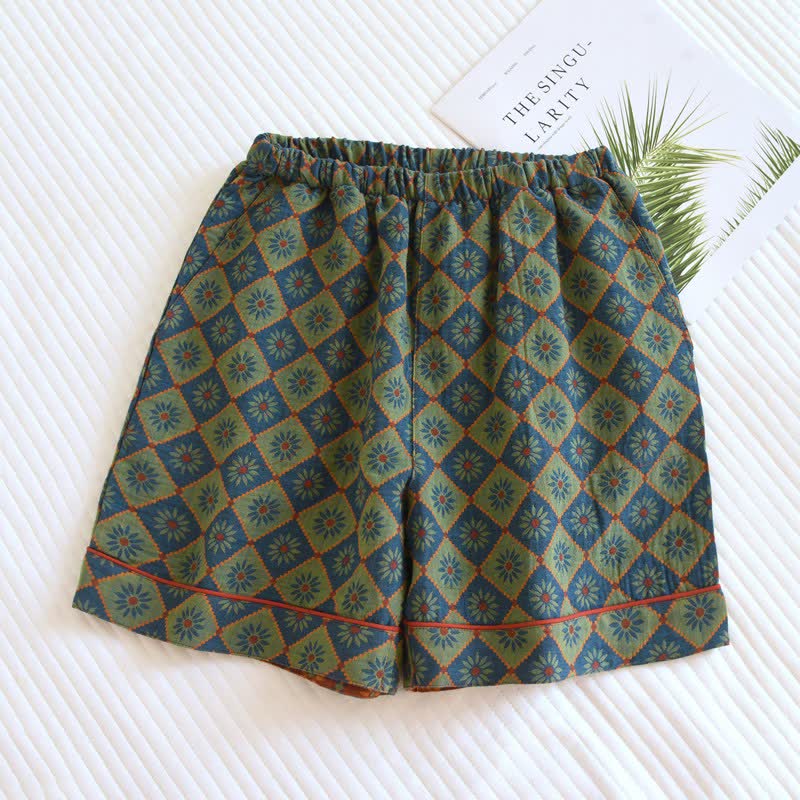 Ownkoti Plaid & Floral Cotton Gauze Pajama Shorts - Blue - 2PCS - XL - image 0