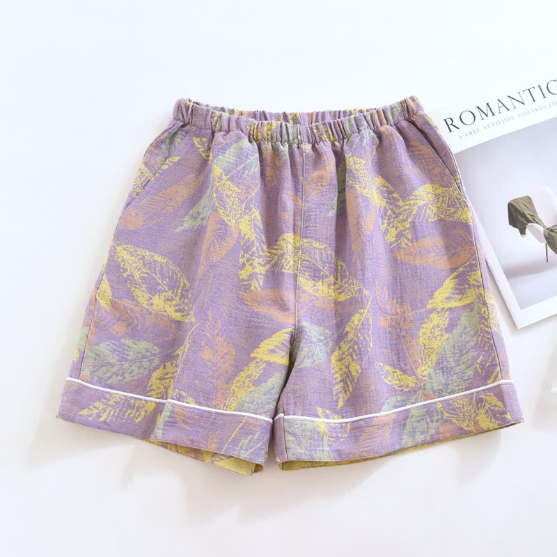 Ownkoti Artistic Leaf Cotton Gauze Pajama Shorts - Purple - 2PCS - XL - image 8