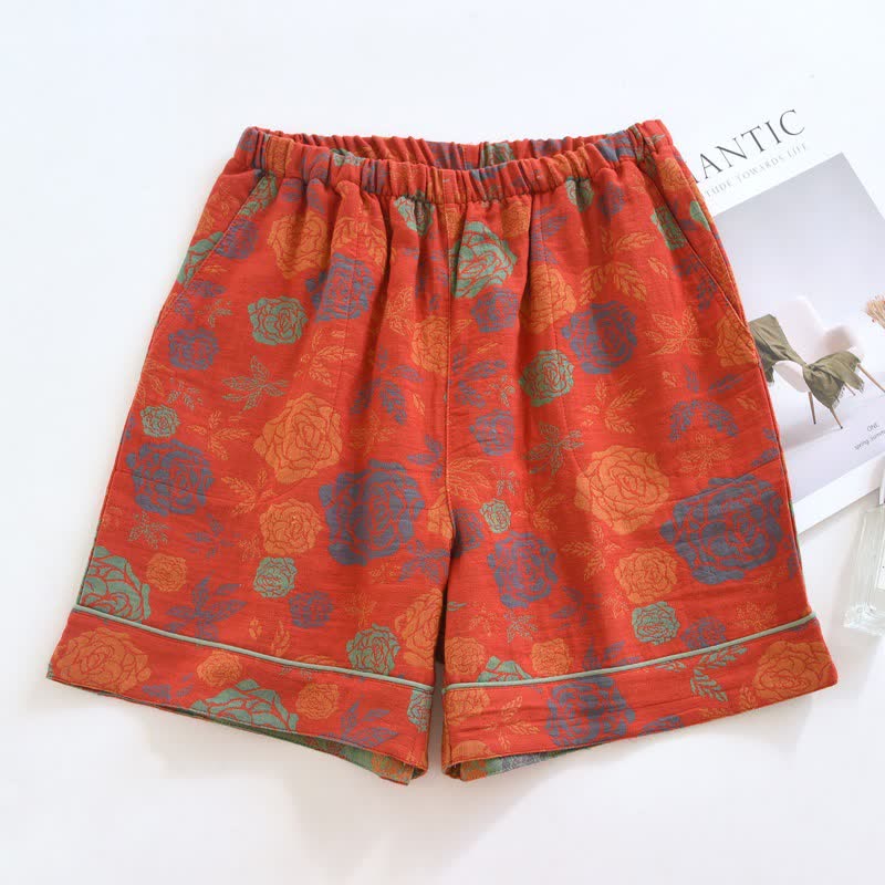 Ownkoti Romantic Rose Cotton Gauze Pajama Shorts - Red - 2PCS - XL - image 1