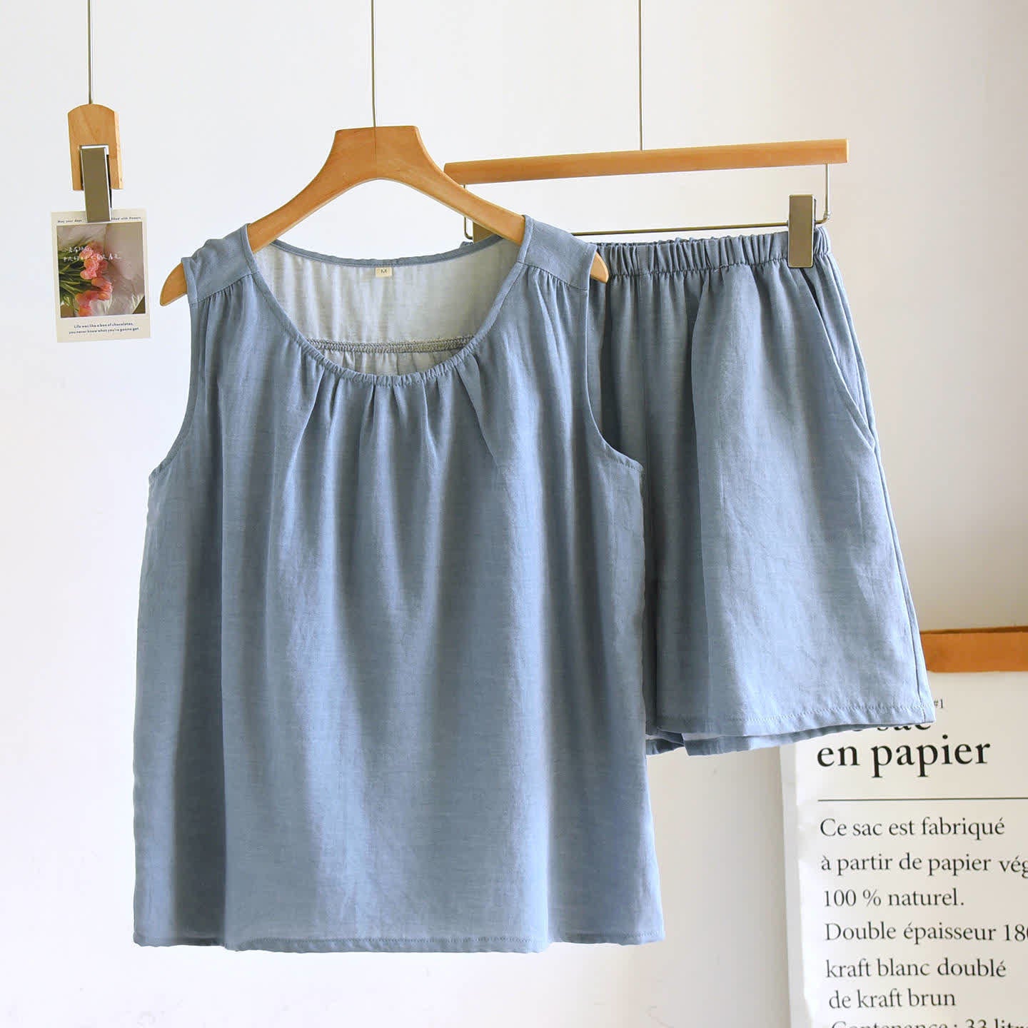 Ownkoti Solid Cotton Gauze Tank & Shorts Set - Blue - XL - image 14