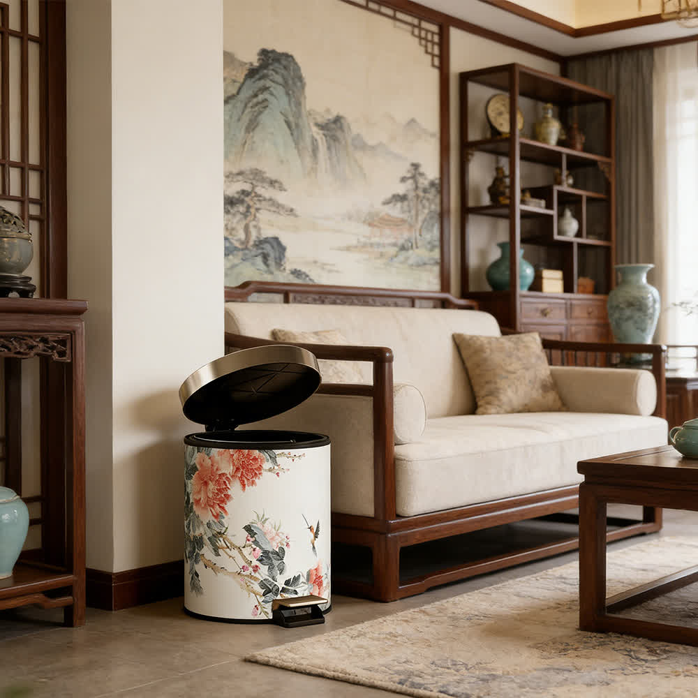 Ownkoti Chinoiserie Peony & Songbird Leather Trash Can - image 7