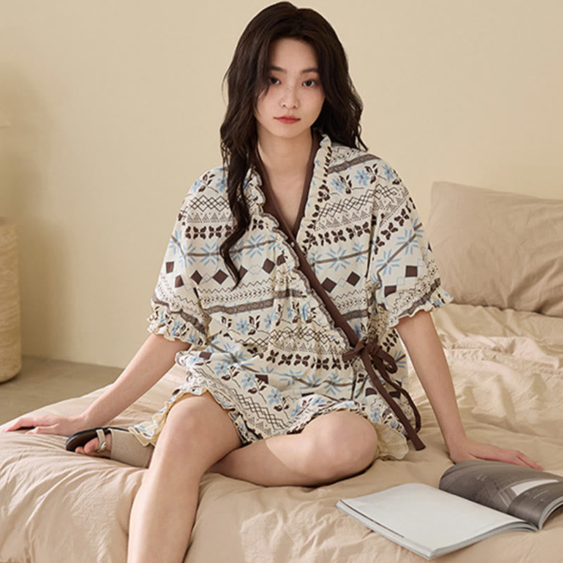 Ownkoti Geometric Pattern & Floral Ruffle Sleeve Pajama Set - image 3
