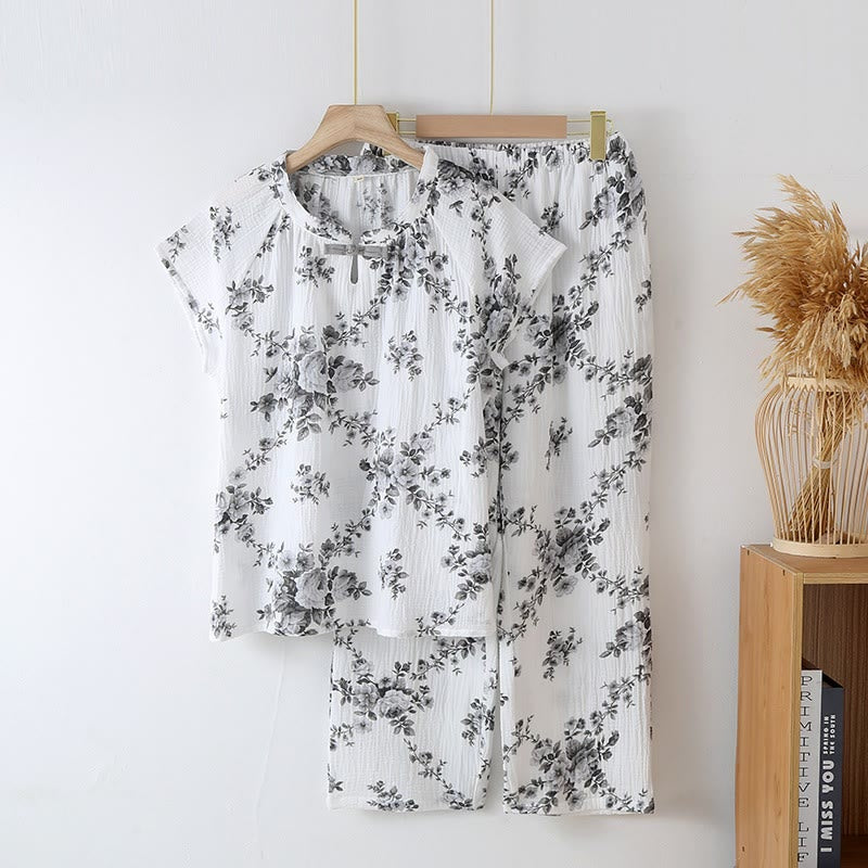 Ownkoti Vintage Peony Cotton Gauze Pajama Set - Grey - XL - image 9