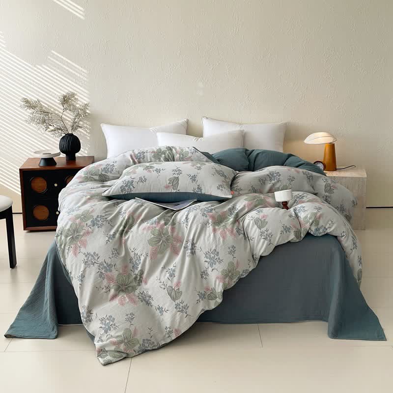 Ownkoti Floral Leaf Cotton Double Gauze Bedding Set(4PCS) - Green - King - image 4