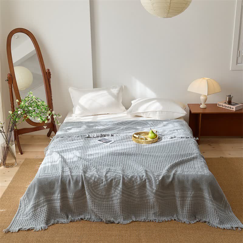 Ownkoti Cotton Waffle Weave Tassel Quilt Blanket - Gray - Queen - image 7