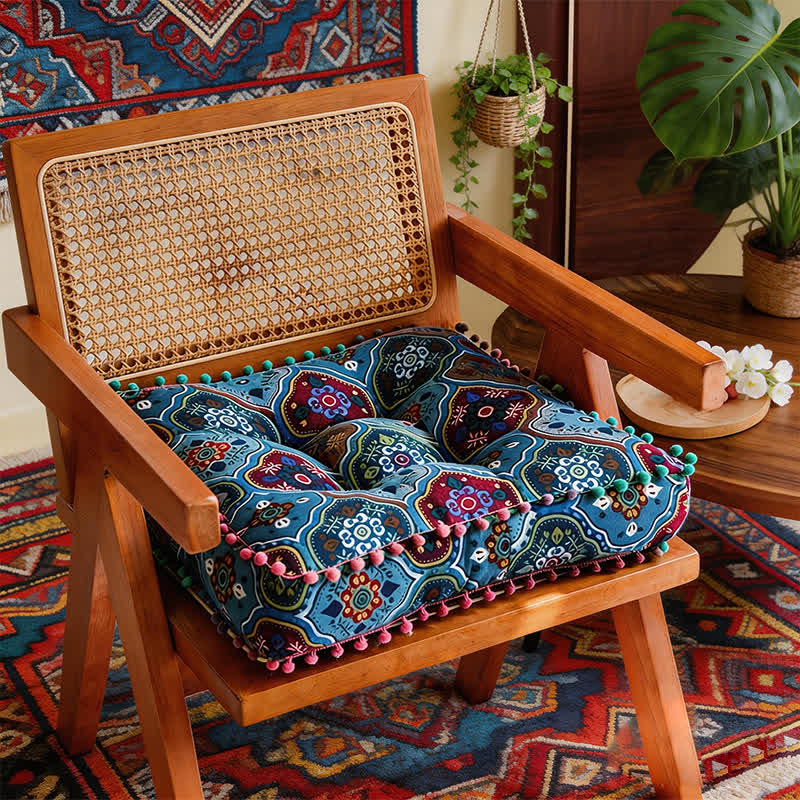 Ownkoti Bohemian Cotton Linen Ethnic Chair Pad - Blue - 16"W x 16"L x 3"H - image 2