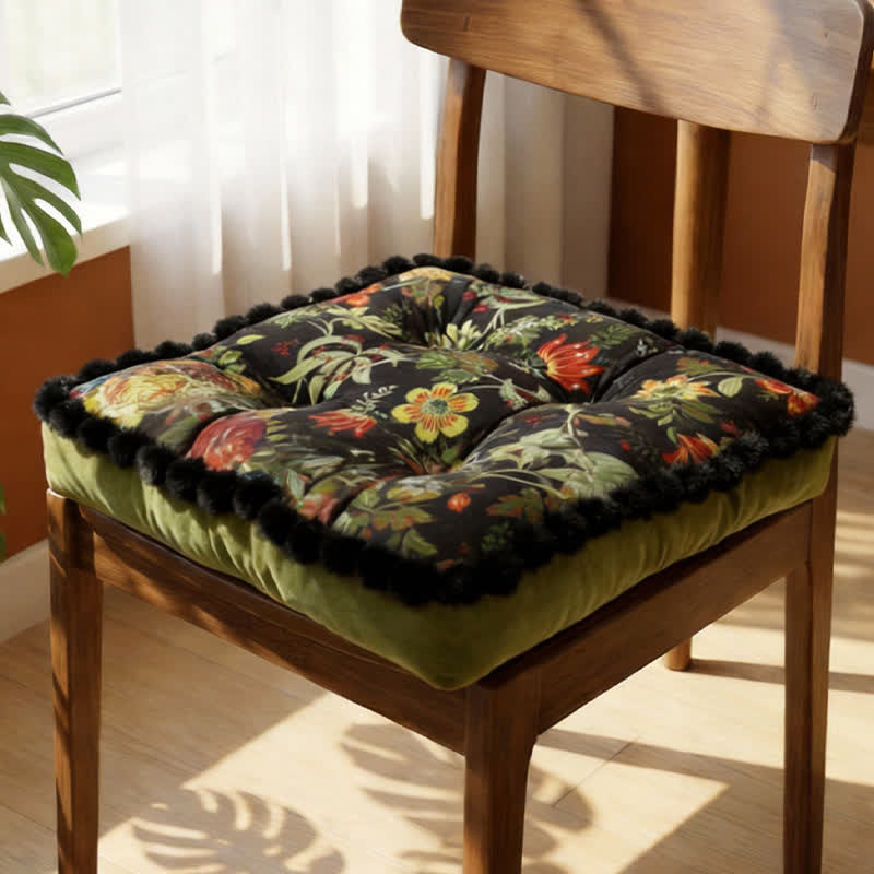 Ownkoti Vintage Floral Seat Cushion with Pom-Pom Trim - Dark Green - 16"W x 16"L x 3"H - image 8