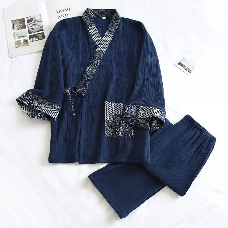 Ownkoti Ethnic Style Cotton Gauze Kimono Pajamas - Navy Blue - XL - image 9