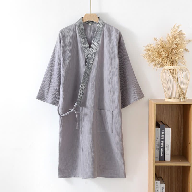 Ownkoti Ethnic Style Cotton Gauze Kimono Robe - Light Gray - XL - image 10