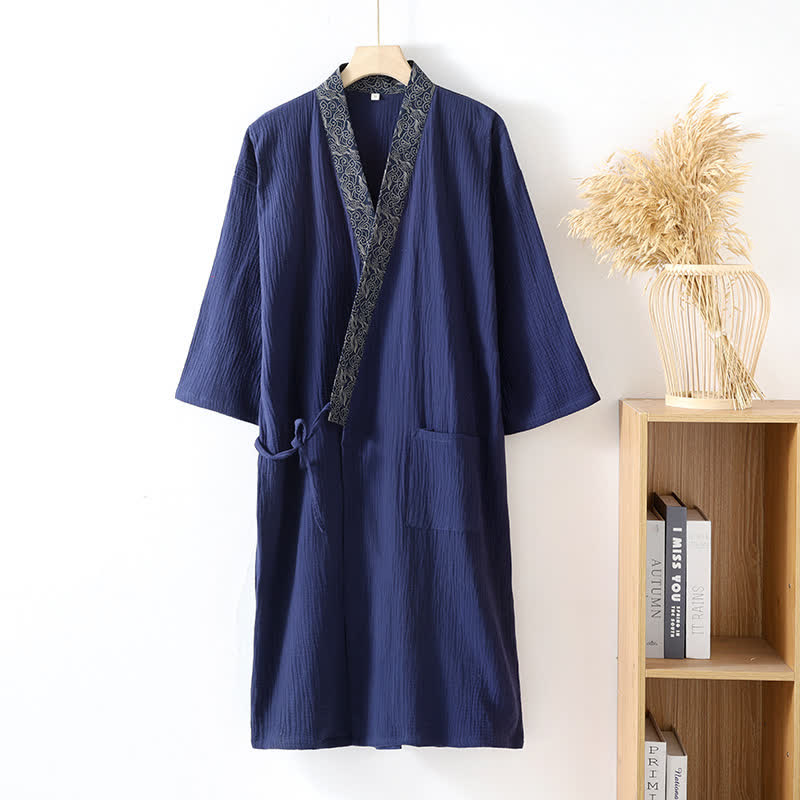Ownkoti Classic Cotton Gauze Robe with Decorative Trim - Navy Blue - XL - image 11
