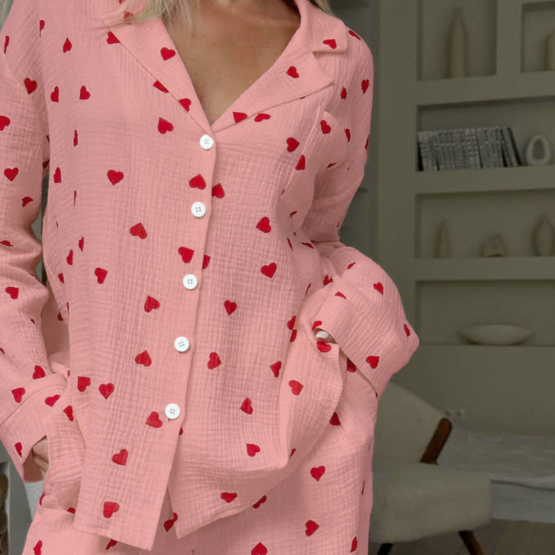 Ownkoti Cotton Red Heart Print Pajama Set - Pink - XL - image 6