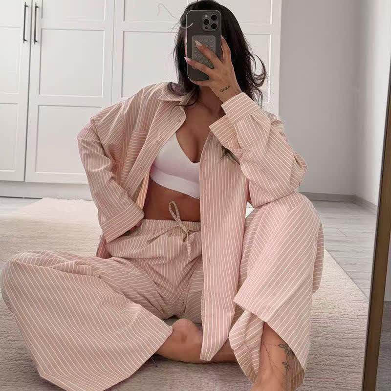 Ownkoti Classic Vertical Stripe Pajama Set - Light Pink - L - image 4