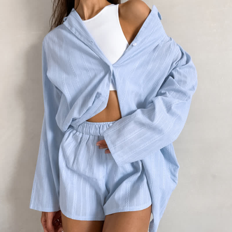 Ownkoti Minimalist Style Striped Pajama Set - Blue - L - image 5