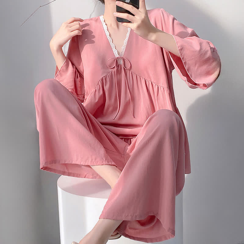 Ownkoti Solid V-Neck Lace Trim Pajama Set - image 17