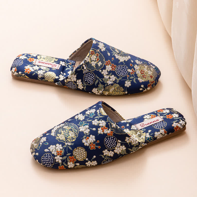 Ownkoti Chinoiserie Embroidered Satin House Slippers - Navy Blue - 2XL - image 14