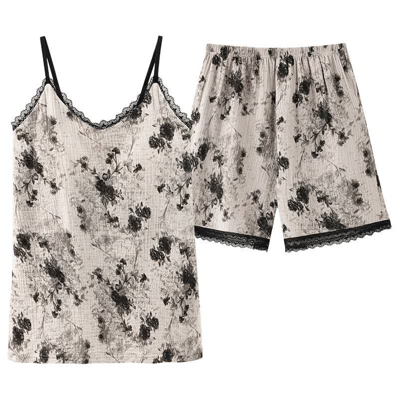 Ownkoti Black Floral Cotton Cami & Shorts Pajamas - image 9