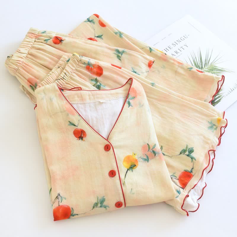 Ownkoti Pomegranate Print Cotton V-Neck Pajama Set(3PCS) - image 1