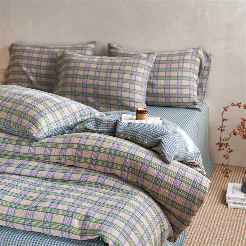 Ownkoti Checkered Cotton Duvet Cover Bedding Set - Yellow&Purple - King - Flat Sheet - image 11