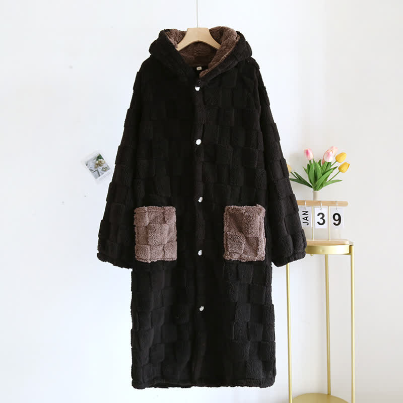 Ownkoti Couple Matching Grid Textured Hooded Flannel Robe - Black - Men: L - image 13