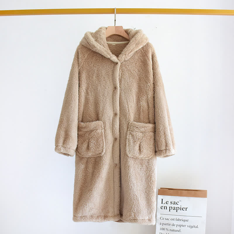 Ownkoti Minimalist Style Solid Color Hooded Robe - Brown - L - image 8