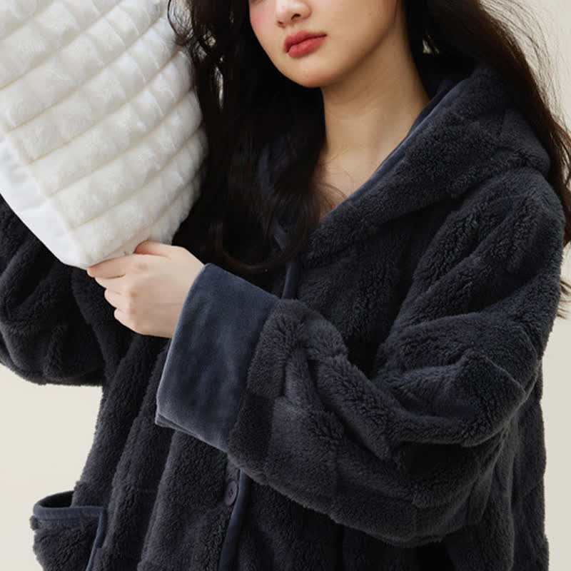 Ownkoti Solid Plush Checkered Texture Hooded Robe - image 9