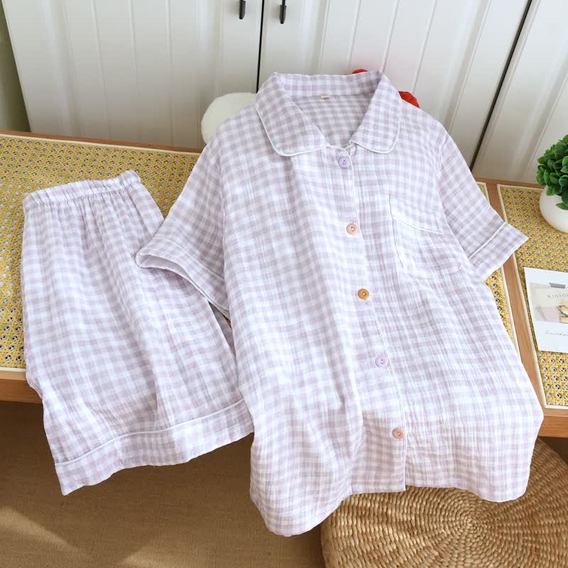 Ownkoti Gingham Cotton Gauze Pajamas with Colorful Buttons - Purple - XL - image 17