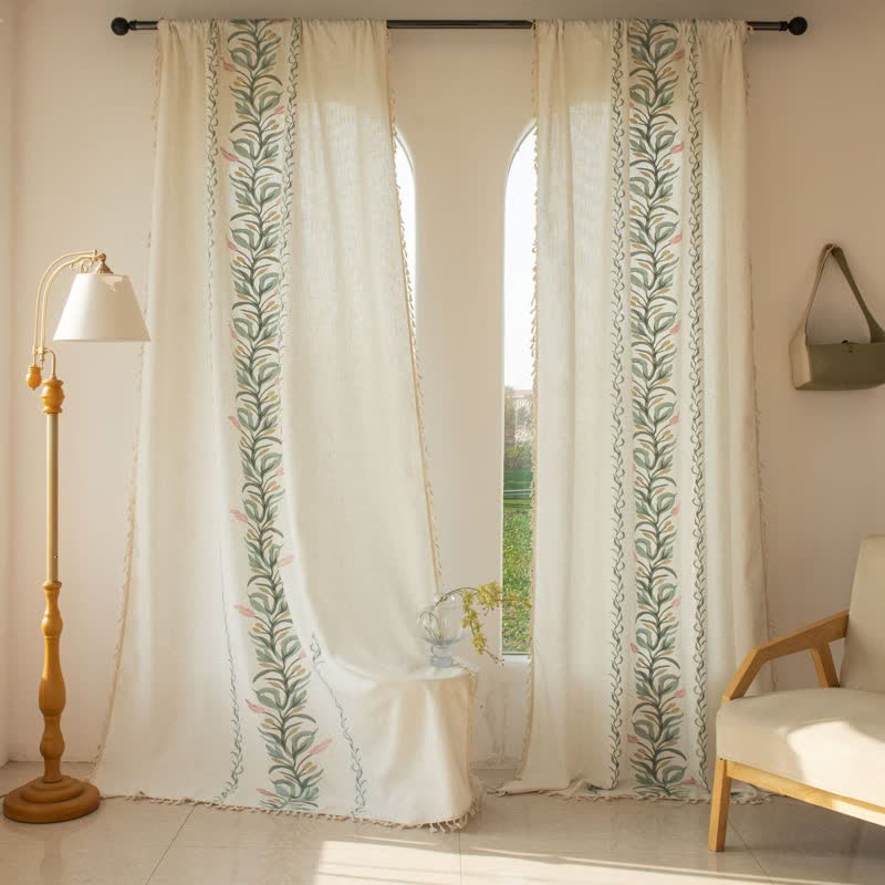Ownkoti Daffodil Floral Light Filtering Curtain with Tassels - Green - Grommet - 59" x 110" - image 6