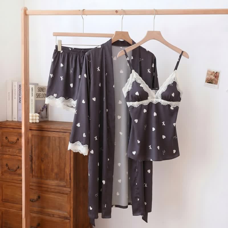 Ownkoti Heart & Bow Lace Trim Cami Pajama Set(3PCS) - Black - XL - image 2