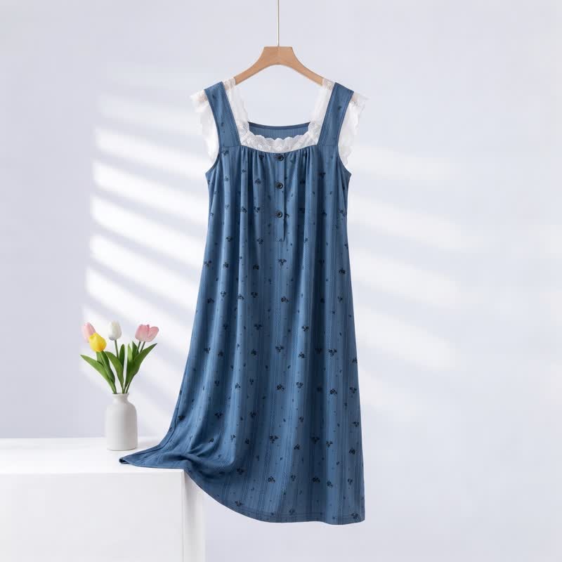 Ownkoti Striped Floral Cotton Lace Sleeveless Nightgown, Blue / XL
