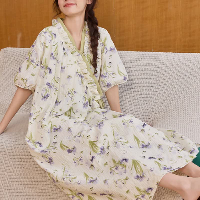 Ownkoti Purple Floral Ruffled Side-tie Nightgown - image 5