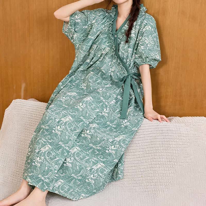 Ownkoti Vintage Green Ruffled Side-tie Nightgown - image 6