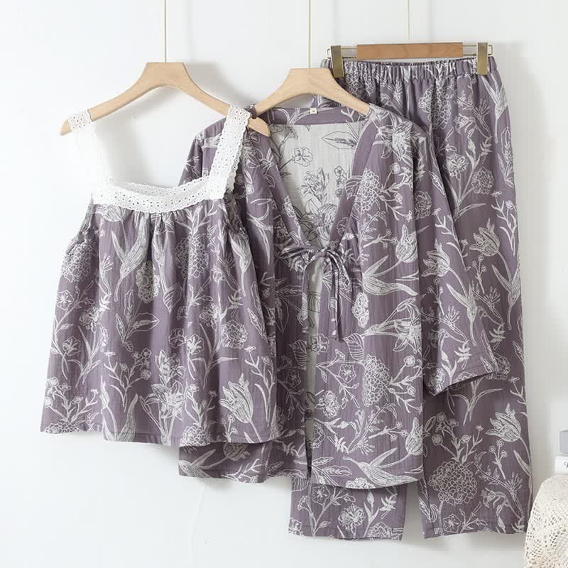Ownkoti Floral Pure Cotton 3-Piece Pajama Set - Purple - L - image 13