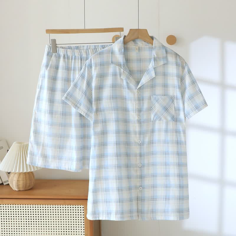 Ownkoti Short-Sleeve Cotton Plaid Sleepwear Set - Blue & Gray - XXL - image 15